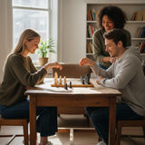 Two players facing off over a wooden chess board with cream and dark pieces