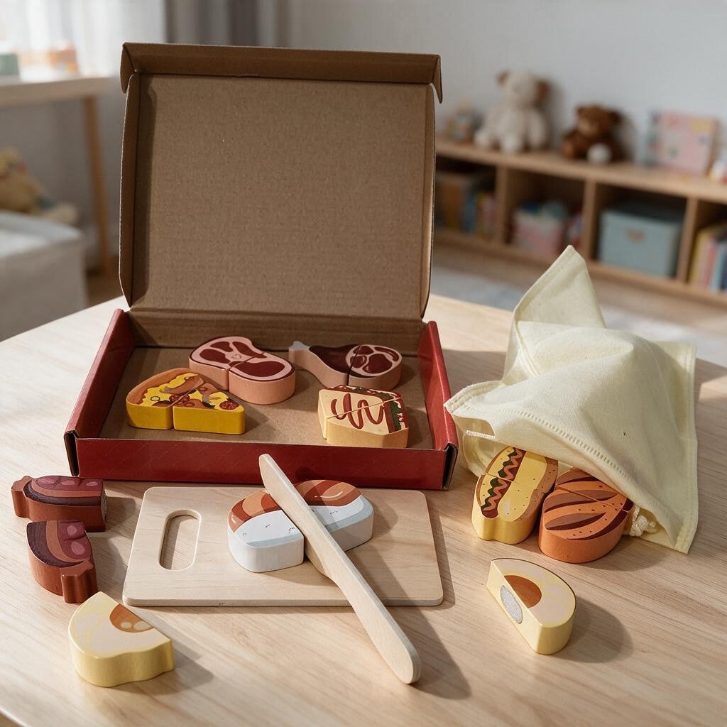 Food cutting set with wooden steak, pizza, hot dog and sushi pieces, a board, knife and cloth bag