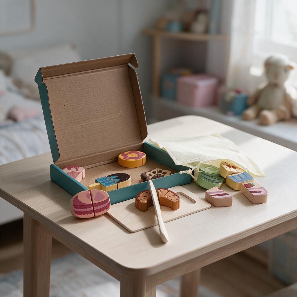 Ice cream and dessert cutting set with wooden donuts, cake and croissant pieces beside a board