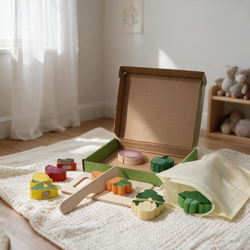 Vegetable cutting set with wooden corn, onion, carrot and broccoli pieces on a cosy rug