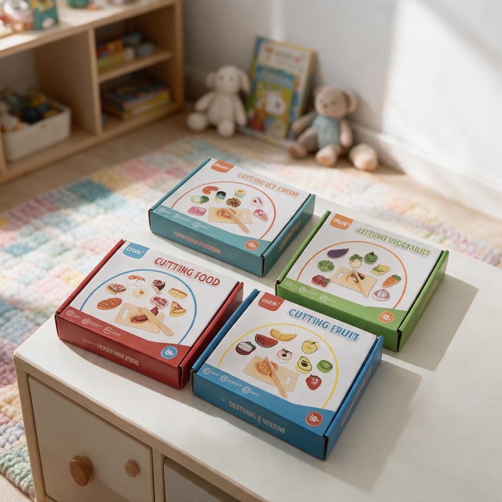 Four wooden cutting play sets in food, ice cream, vegetable and fruit boxes on a kids dresser