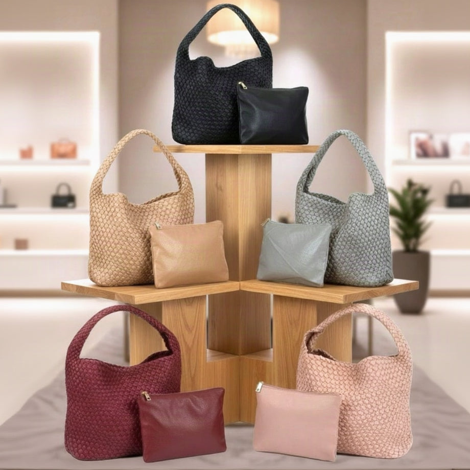 Five woven handbags with matching pouches in black, beige, sage, burgundy and pink