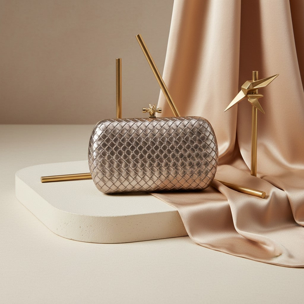 Rose gold woven metallic evening clutch with knot clasp