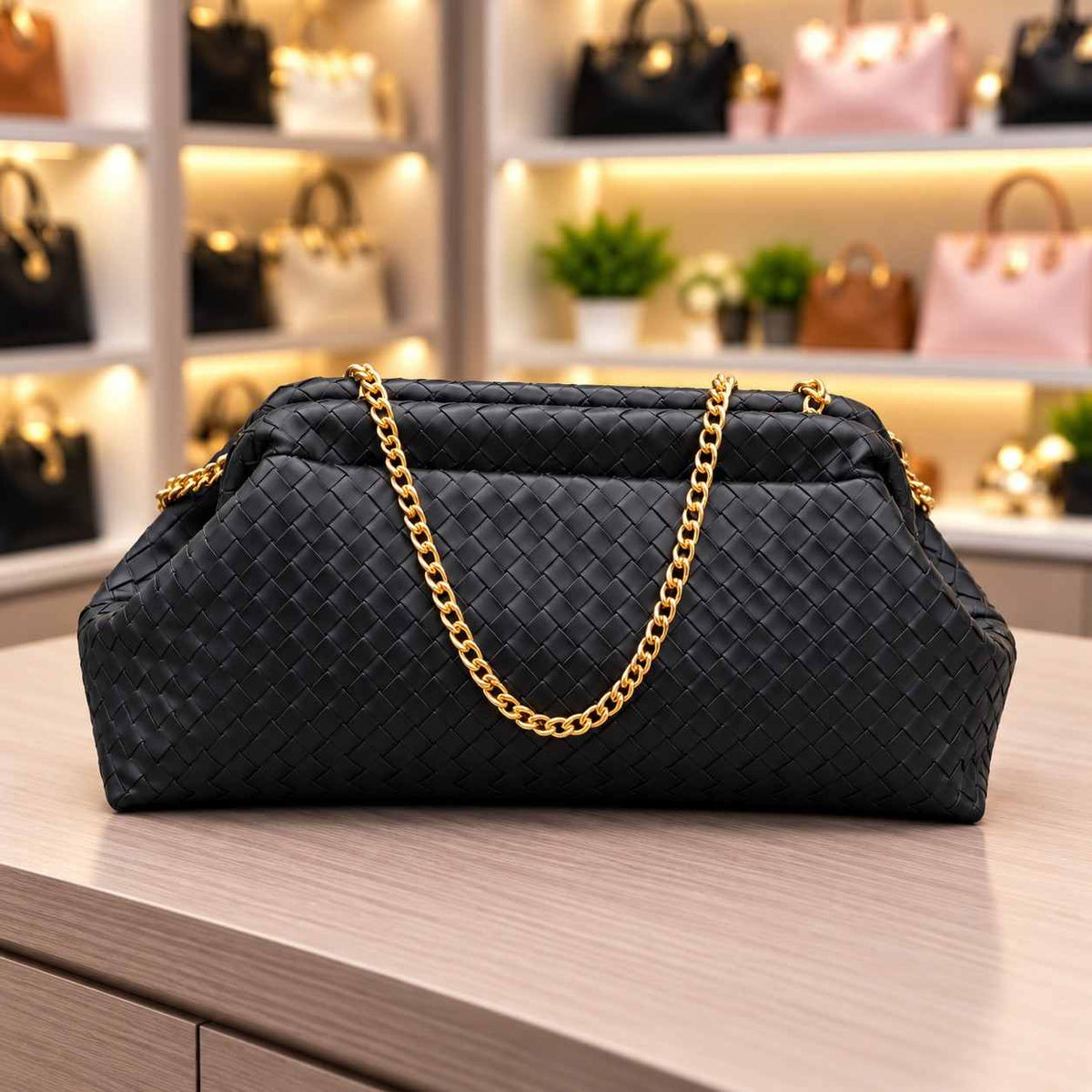 Black woven clutch bag seen at a slight angle with its gold chain strap draped over the front