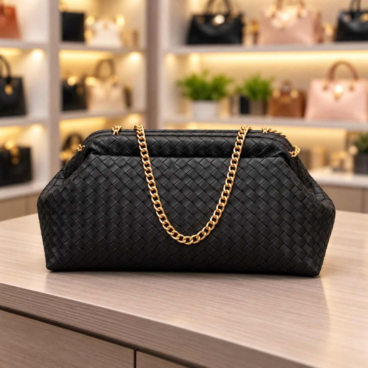 Black woven pouch clutch with a soft gathered frame and a gold curb chain strap