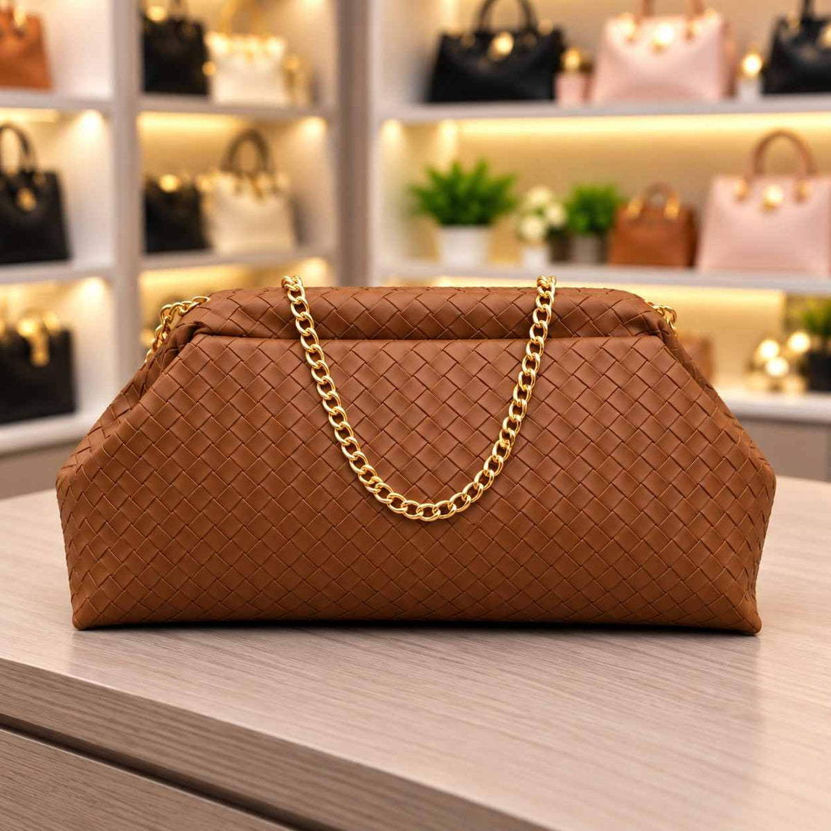 Camel brown woven clutch bag with a pleated top edge and a gold chain strap