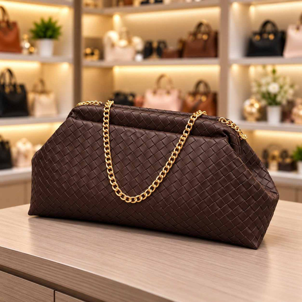 Dark chocolate brown woven clutch bag with a gold chain strap on a boutique counter