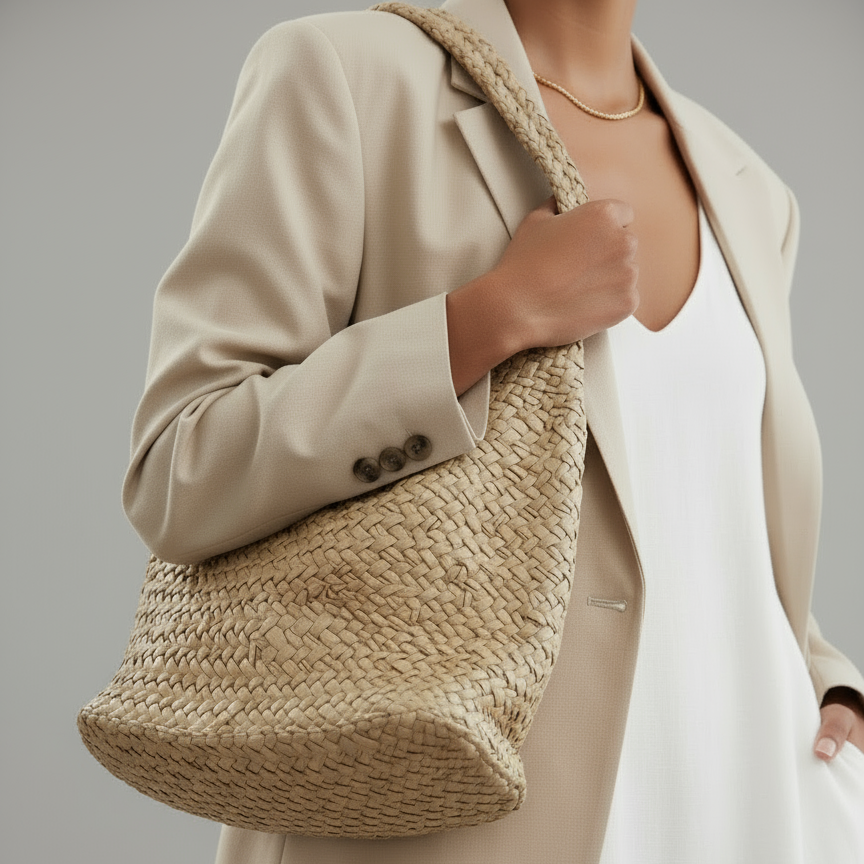 Beige woven shoulder bag with braided pattern