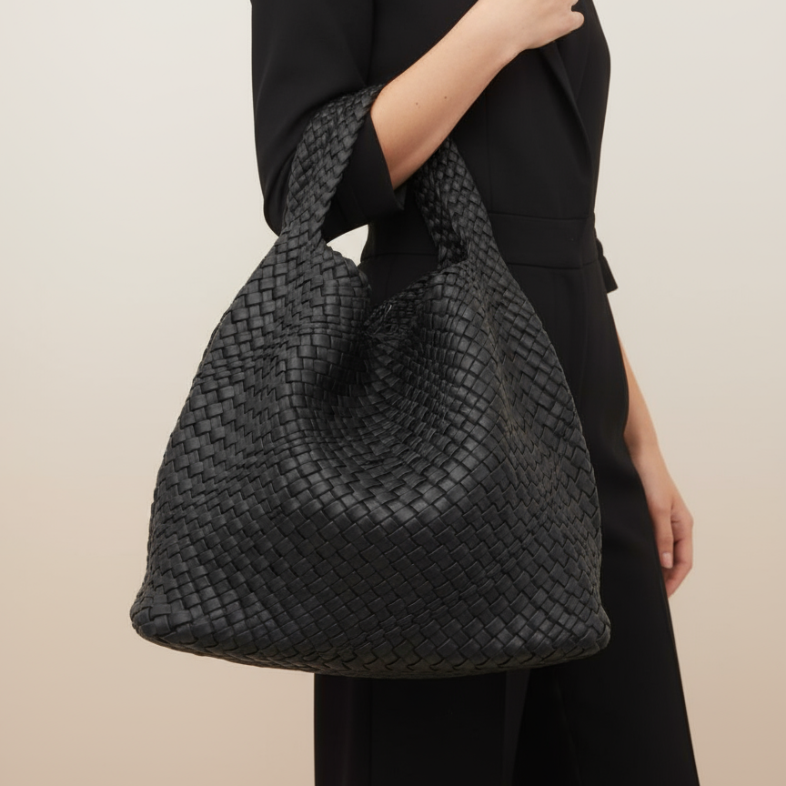 Black woven shoulder bag with braided pattern