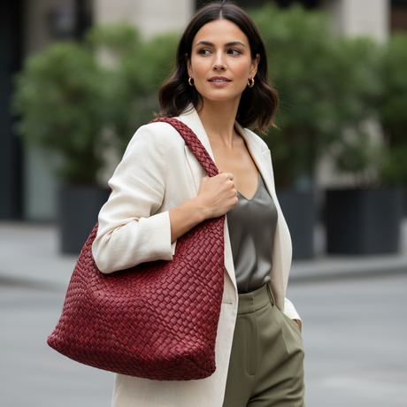 Close look of the red woven bag hanging from the shoulder