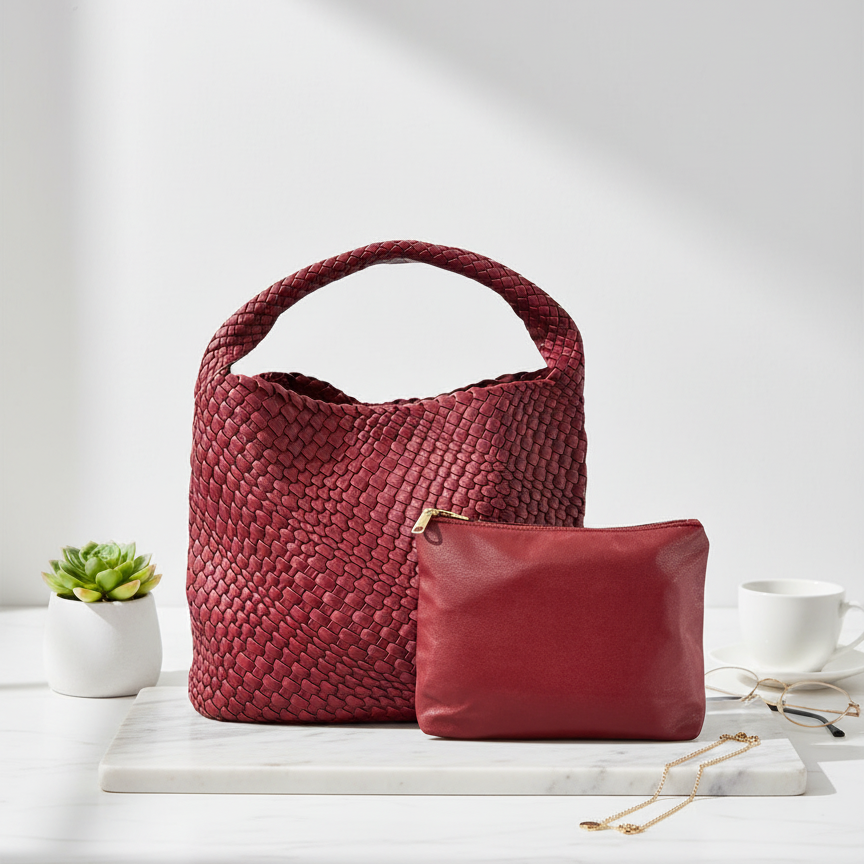 Red woven handbag and matching pouch on a white surface with a plant and cup in the background