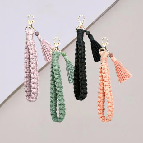 Macrame wristlet keychains with tassels in purple, green, black and pink