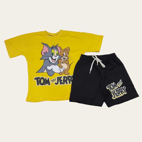 Yellow-Black Tom & Jerry Shorts Set