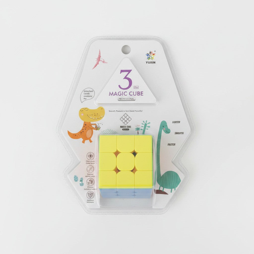 Yellow 3x3 magic cube in a white dinosaur print blister pack