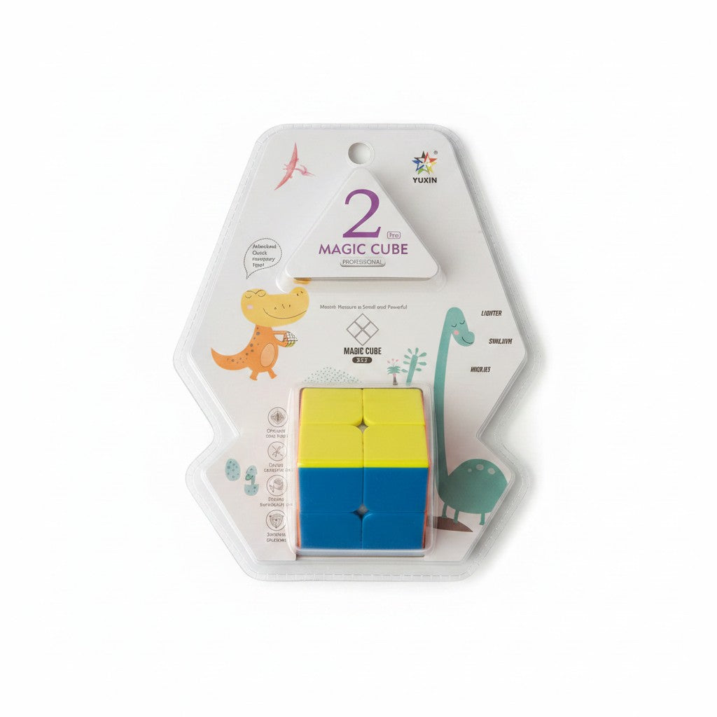 Yellow and blue 2x2 magic cube sealed in a dinosaur print blister pack