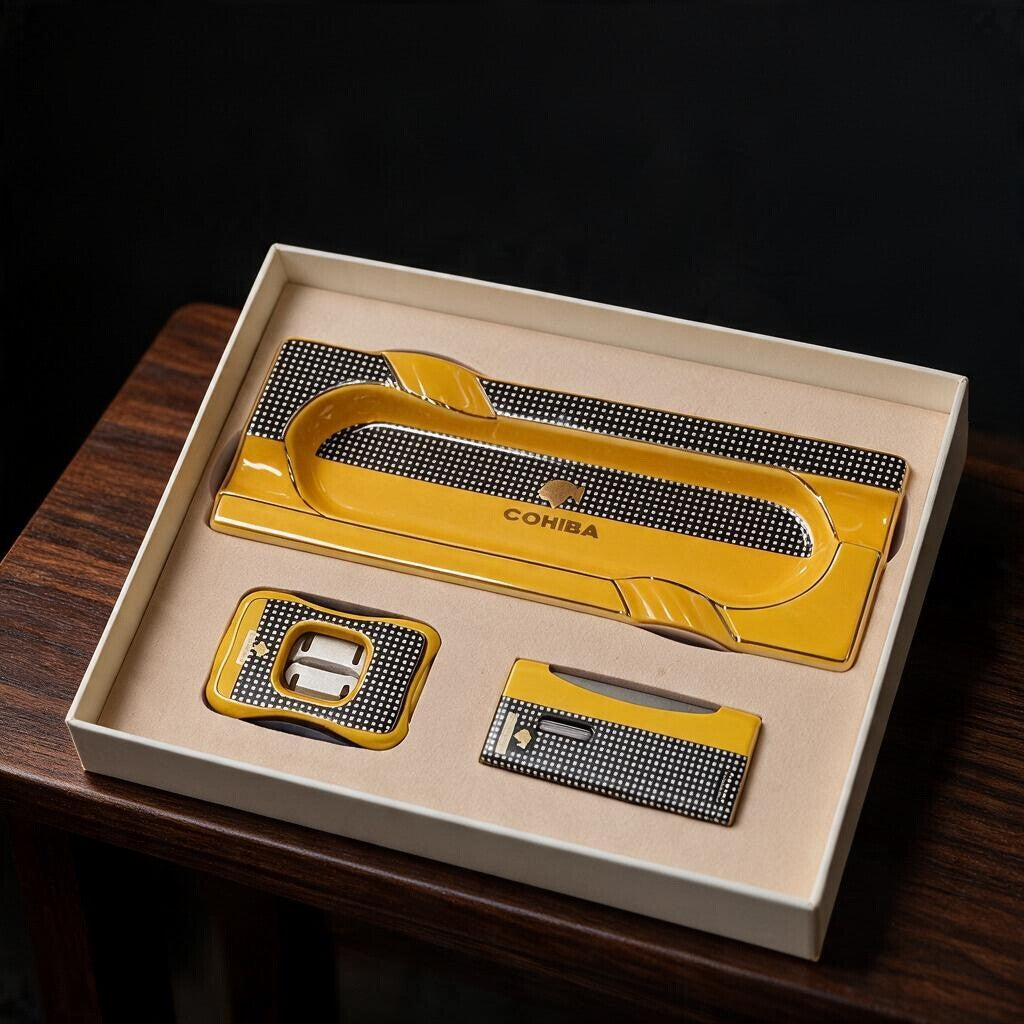 Long yellow checkered cigar ashtray with a double blade cutter and flat lighter in a cream box