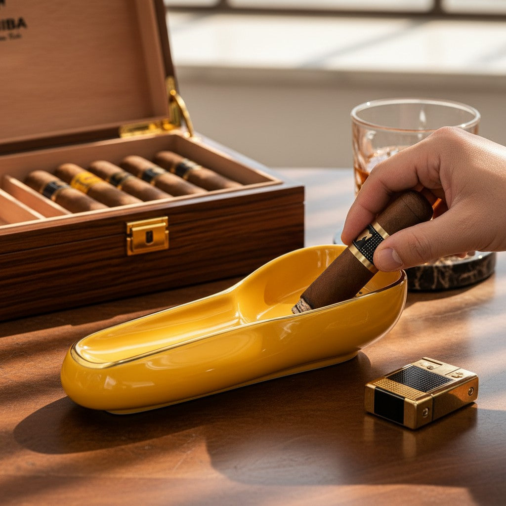 Hand laying a cigar into the long yellow tray, humidor and gold lighter nearby