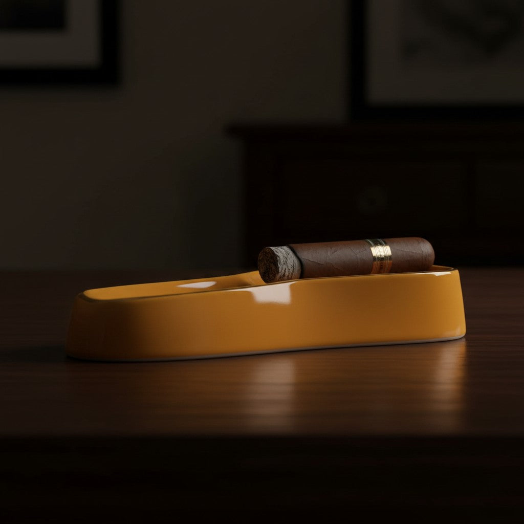 Side profile of the long yellow ceramic tray holding a cigar along its length
