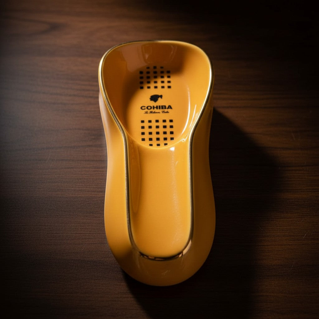 Top view of a yellow elongated cigar ashtray with a gold rim and black dot pattern