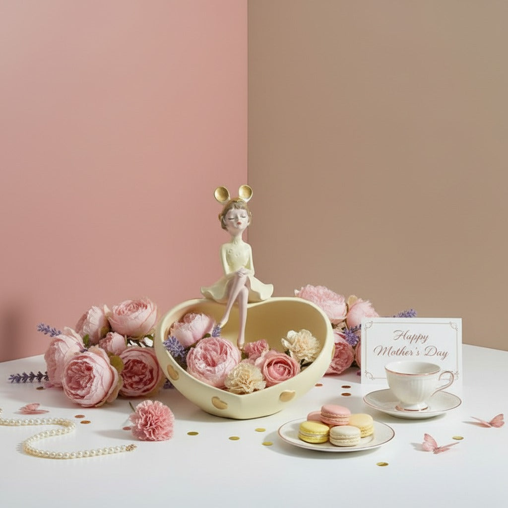 The yellow heart dish filled with pink roses beside macarons and a teacup