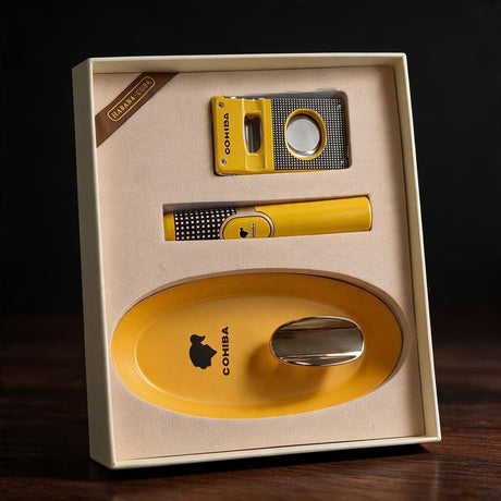 Yellow oval ceramic cigar ashtray with a checkered cutter and slim yellow lighter in a cream box