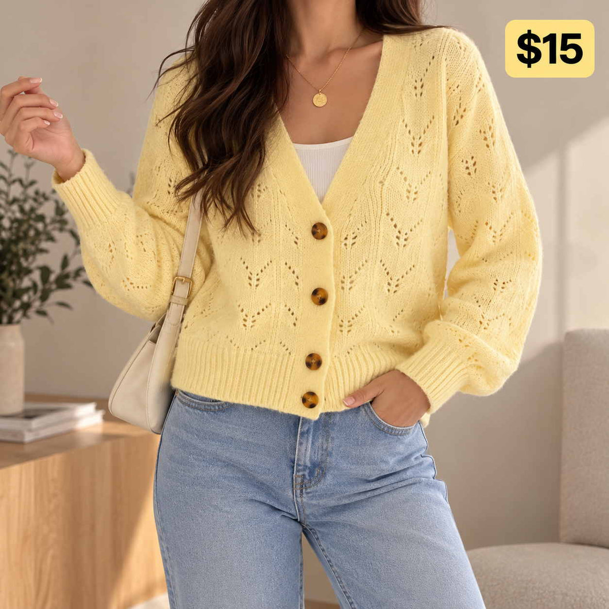 Pale yellow pointelle knit cardigan with tortoiseshell buttons, worn over a white top with light jeans