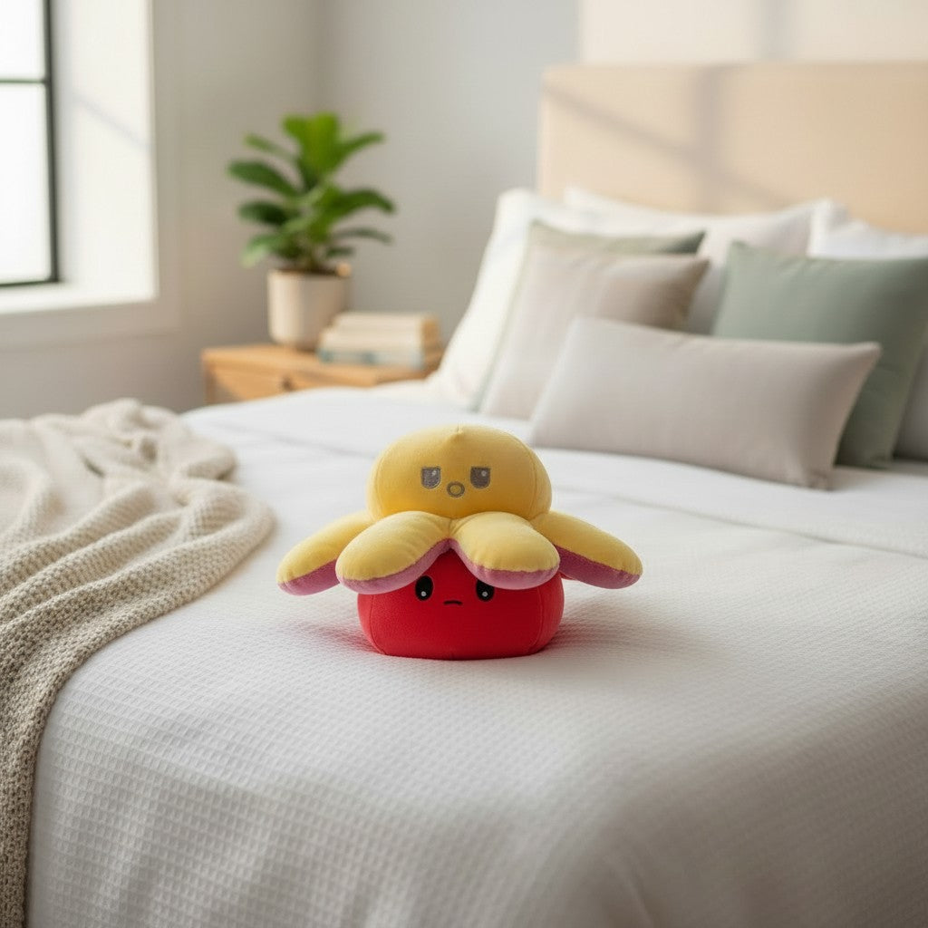 Yellow and red octopus plush with amazed and grumpy faces