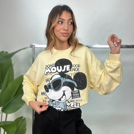 Yellow rhinestone Mickey Mouse sweatshirt with a relaxed fit and ribbed cuffs