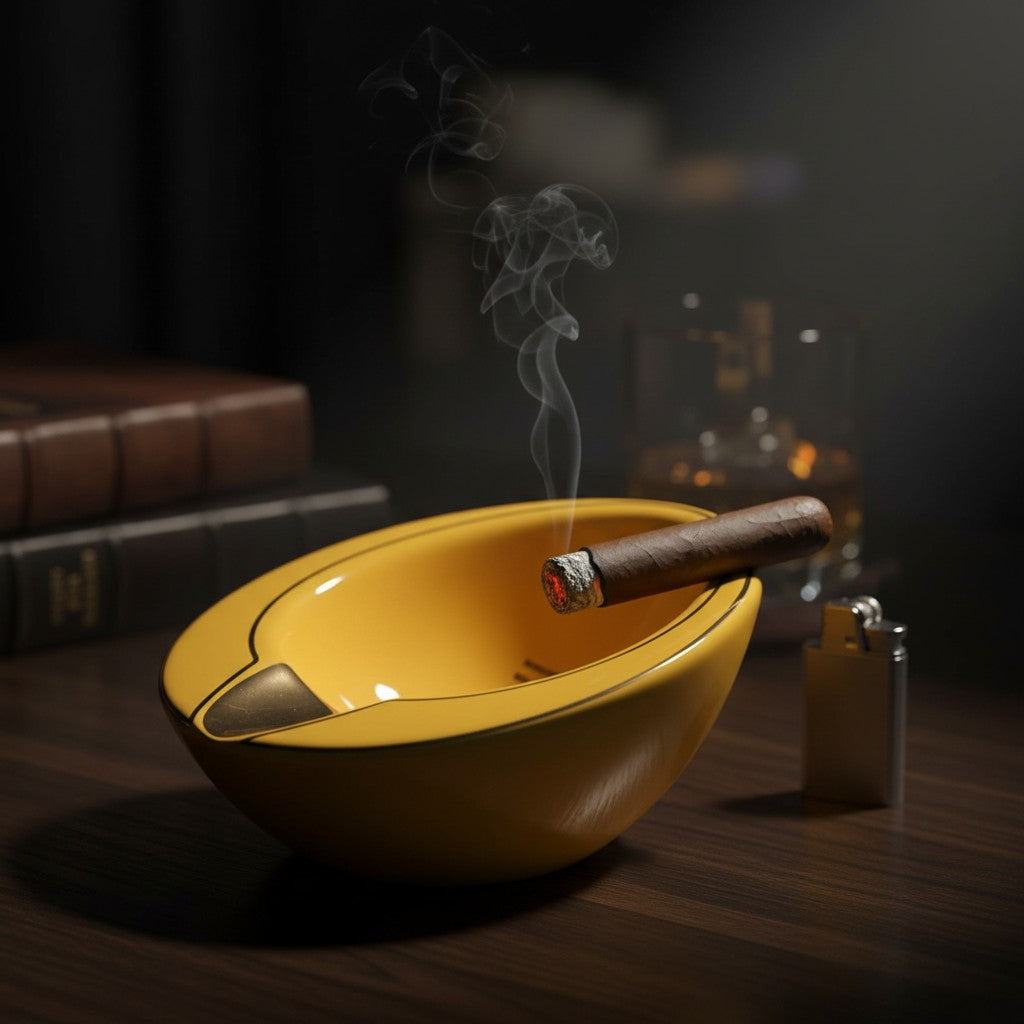 Side view of a deep yellow ash bowl holding a lit cigar next to a lighter and books
