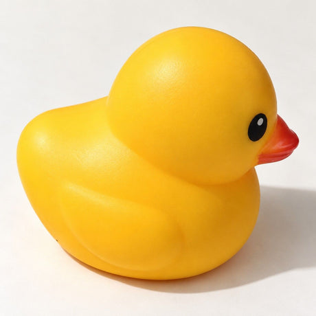Side view of a yellow duck squishy showing its tail and rounded body