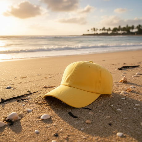 Yellow cotton summer cap on a shell scattered beach at golden hour