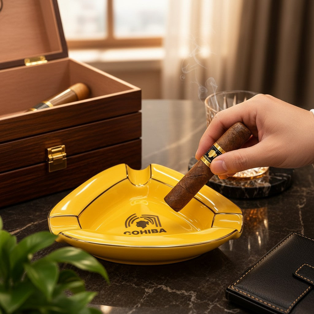 Hand holding a cigar over a yellow triangle ashtray next to an open cigar box