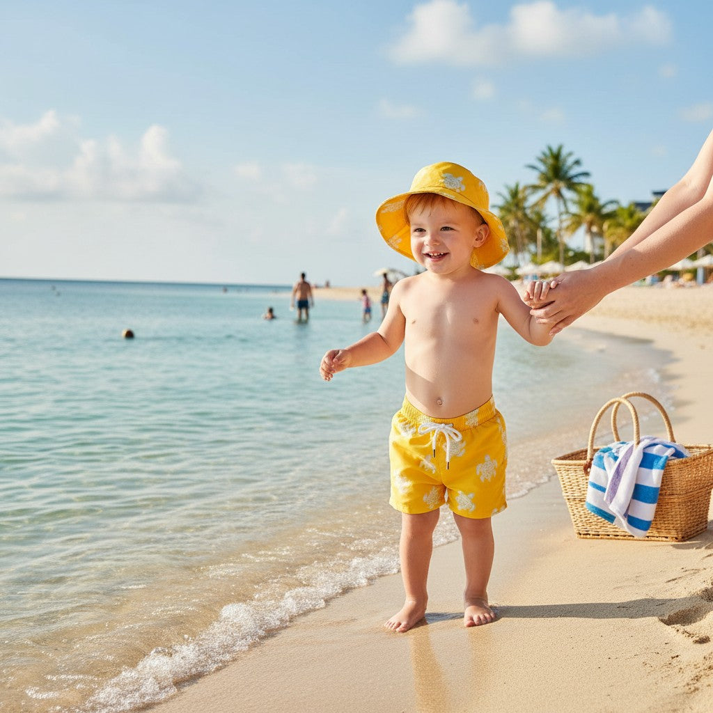 A toddler wearing a yellow sun hat and yellow swim trunks walks on a sandy beach while holding an adult's hand
