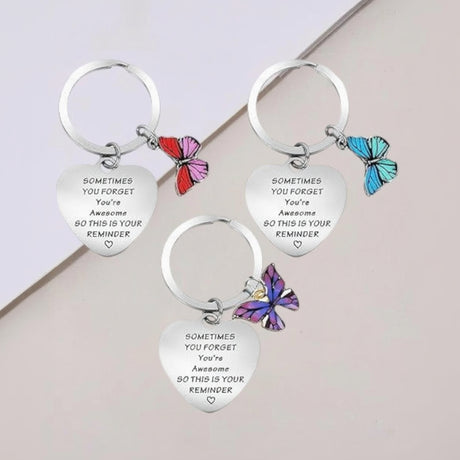 You Are Awesome engraved heart keychains with butterfly charms