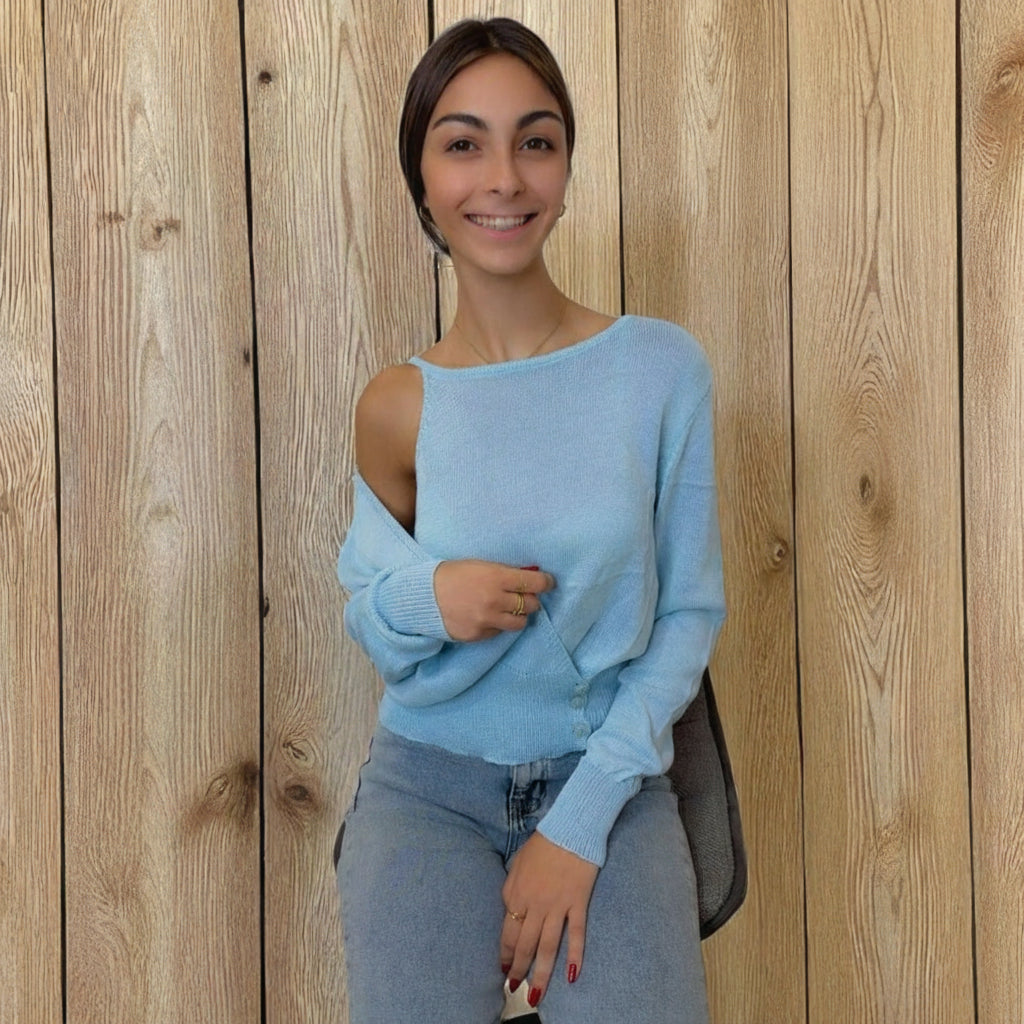 Blue Cut-Out Shoulder Knit Top