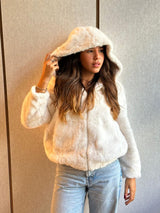 Beige fur jacket with cap