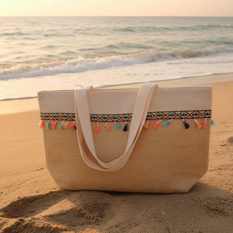 A beige canvas tote bag with cream-colored shoulder straps, featuring a colorful geometric embroidered band and hanging tassels, held up by a hand in a retail store.