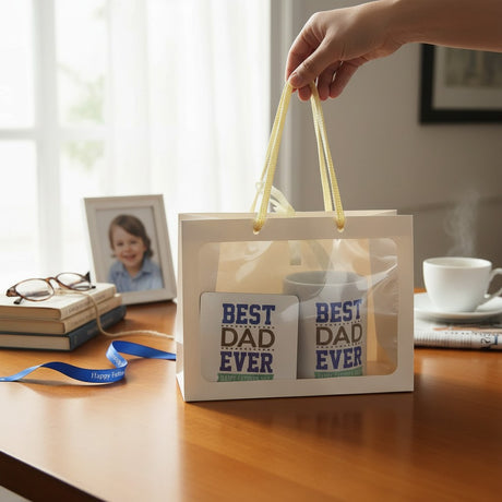 Gift bag with 'Best Dad Ever' mugs on a table with a child's photo and glasses in the background.