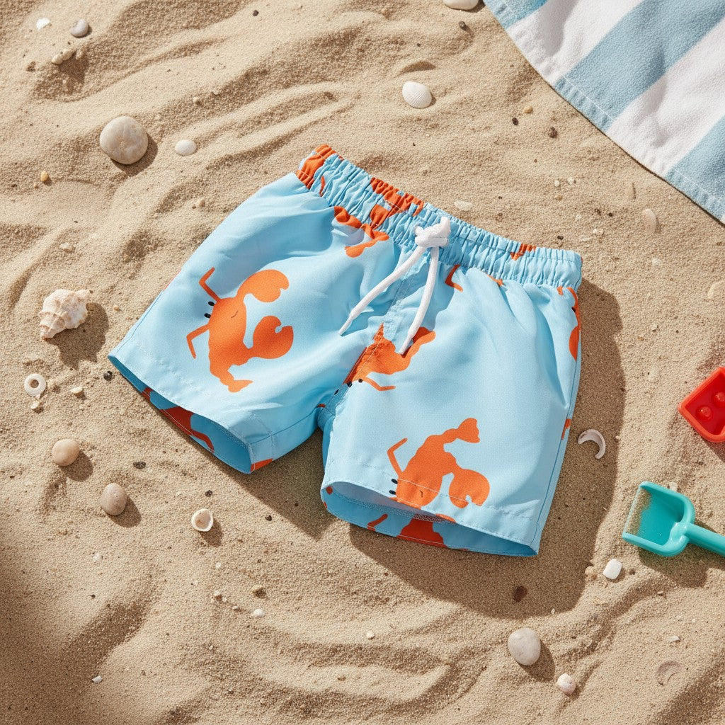 Light blue swim trunks with an orange lobster print, laid flat on a sandy beach with seashells and a striped towel nearby.