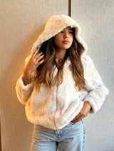 Beige fur jacket with cap