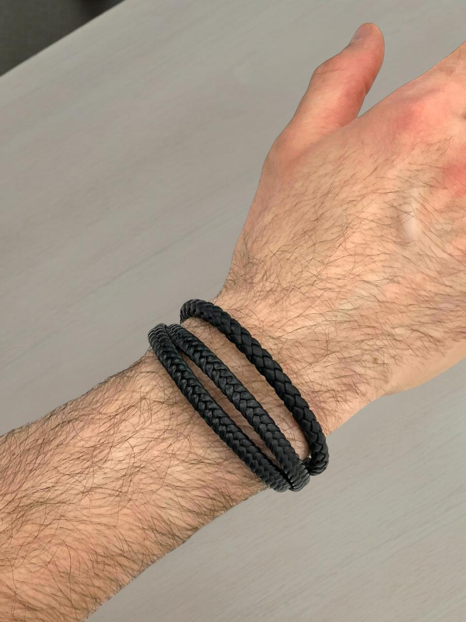 Black Thin Braided Leather Bracelet