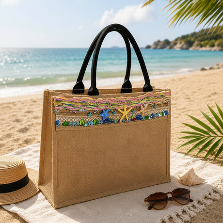 Handmade jute beach bag with woven trim and two crocheted blue starfish, Jack Gifts Online Lebanon