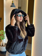 Black fur jacket with cap