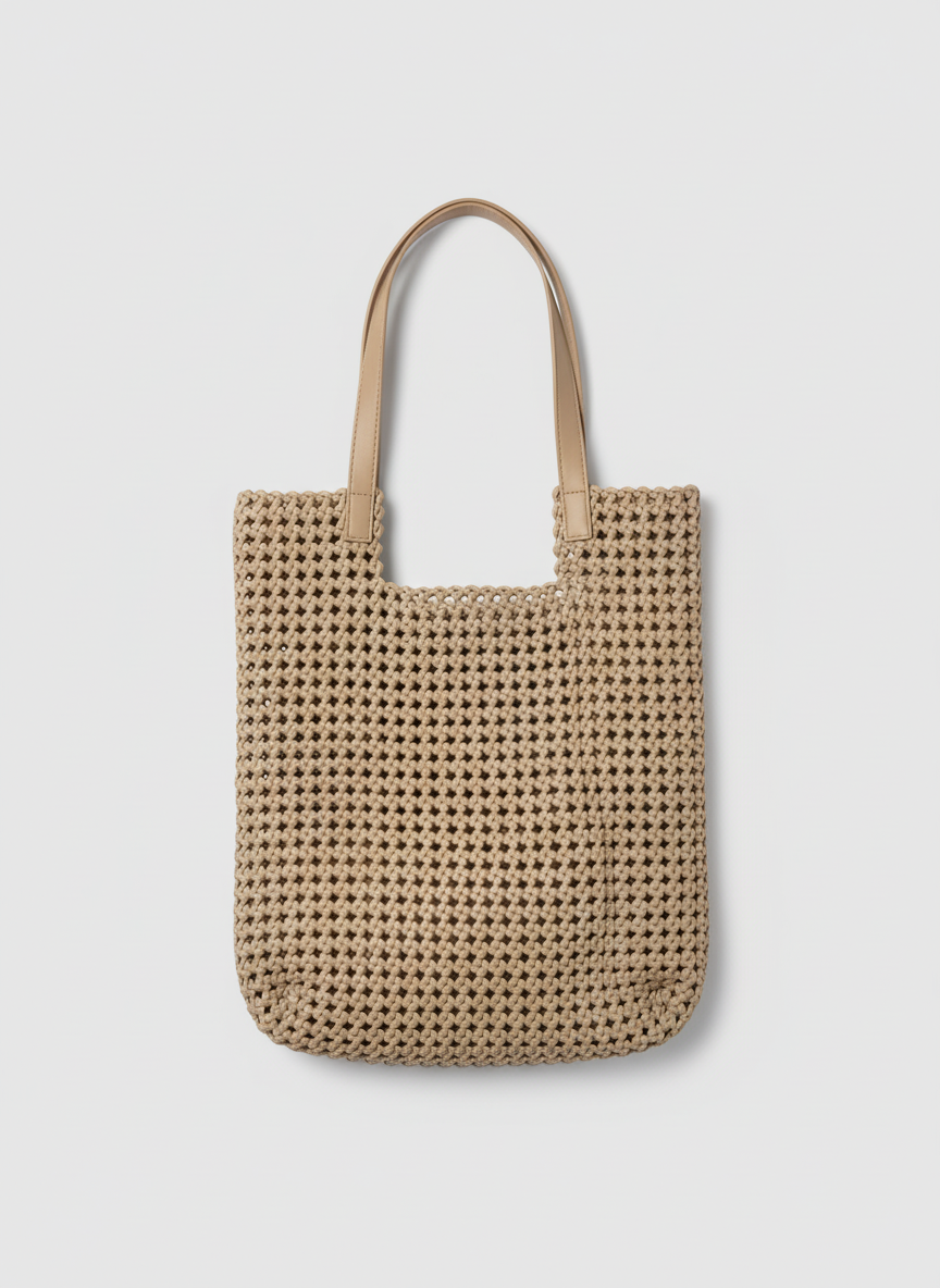 Beige Woven Tote Bag Set with Inner Pouch