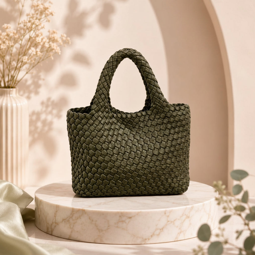 Woven handbag on a marble pedestal with a blurred background