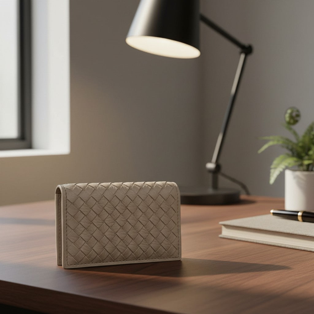Beige woven clutch on a wooden desk with a lamp and plant in the background
