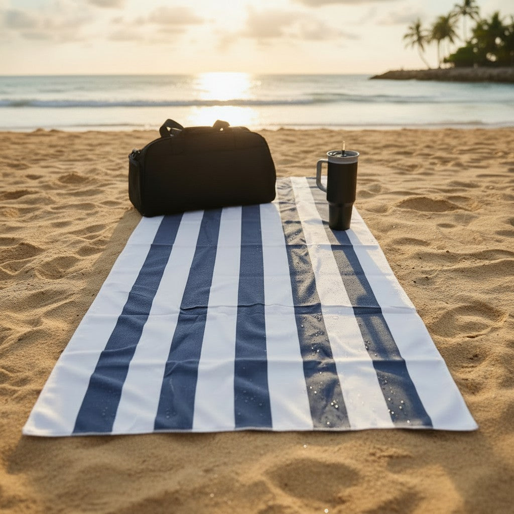 Blue and white striped picnic blanket on sand with black bag and mug, sunset in background