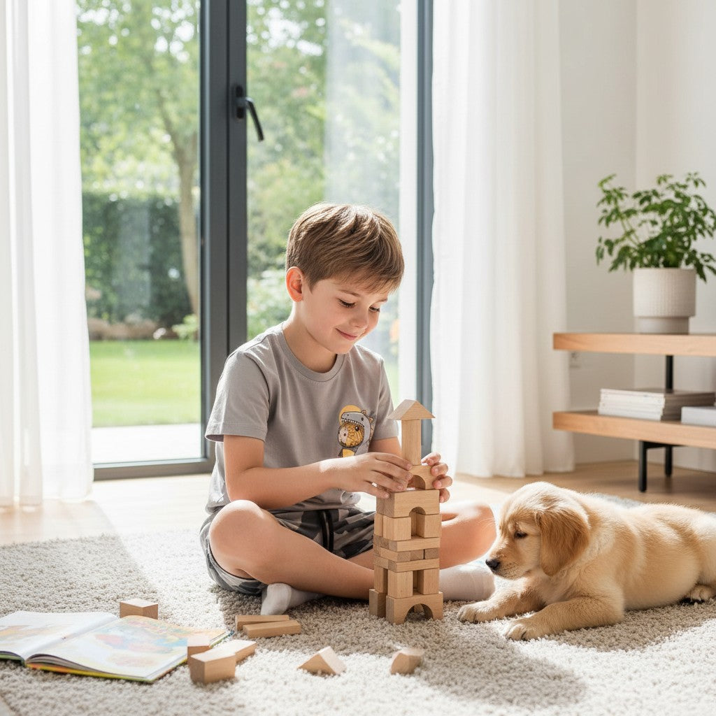 Child playing with wooden blocks on the floor next to a dog, with a window and plant in the background.