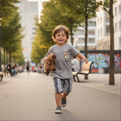Child running with a teddy bear in an urban park setting