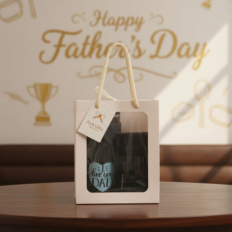 Gift bag with a bottle of perfume and a tag, set against a Father's Day-themed background.